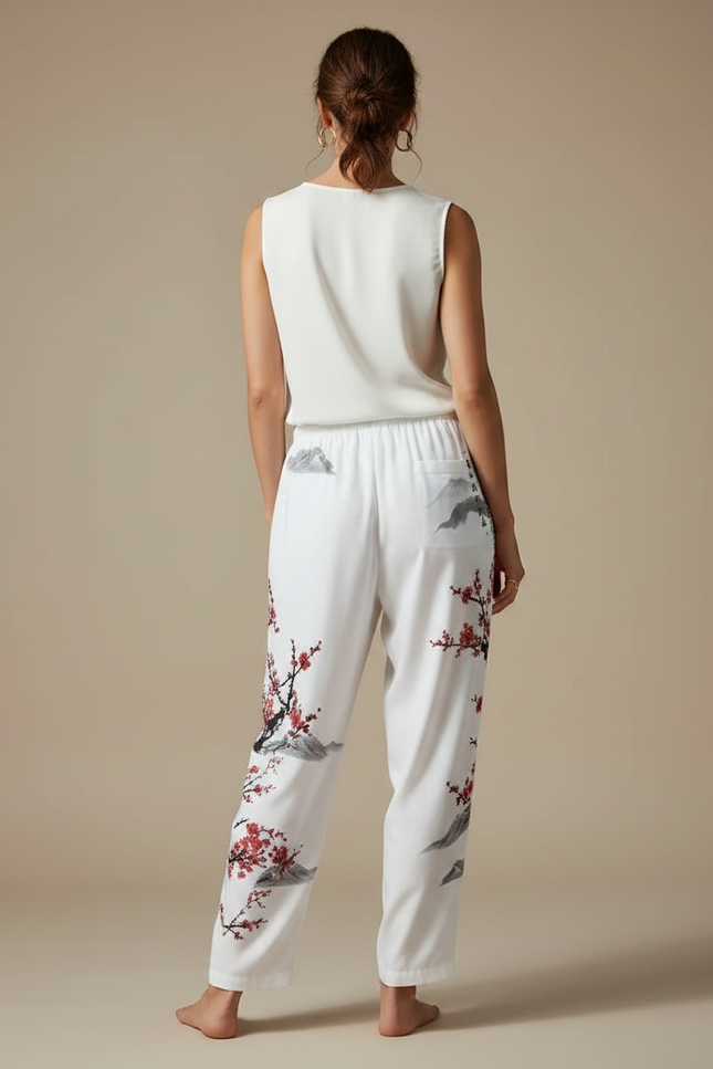 Pantalon Japonais Blanc Fluide Imprimé Cerisier Rouge - Viscose - vue 2