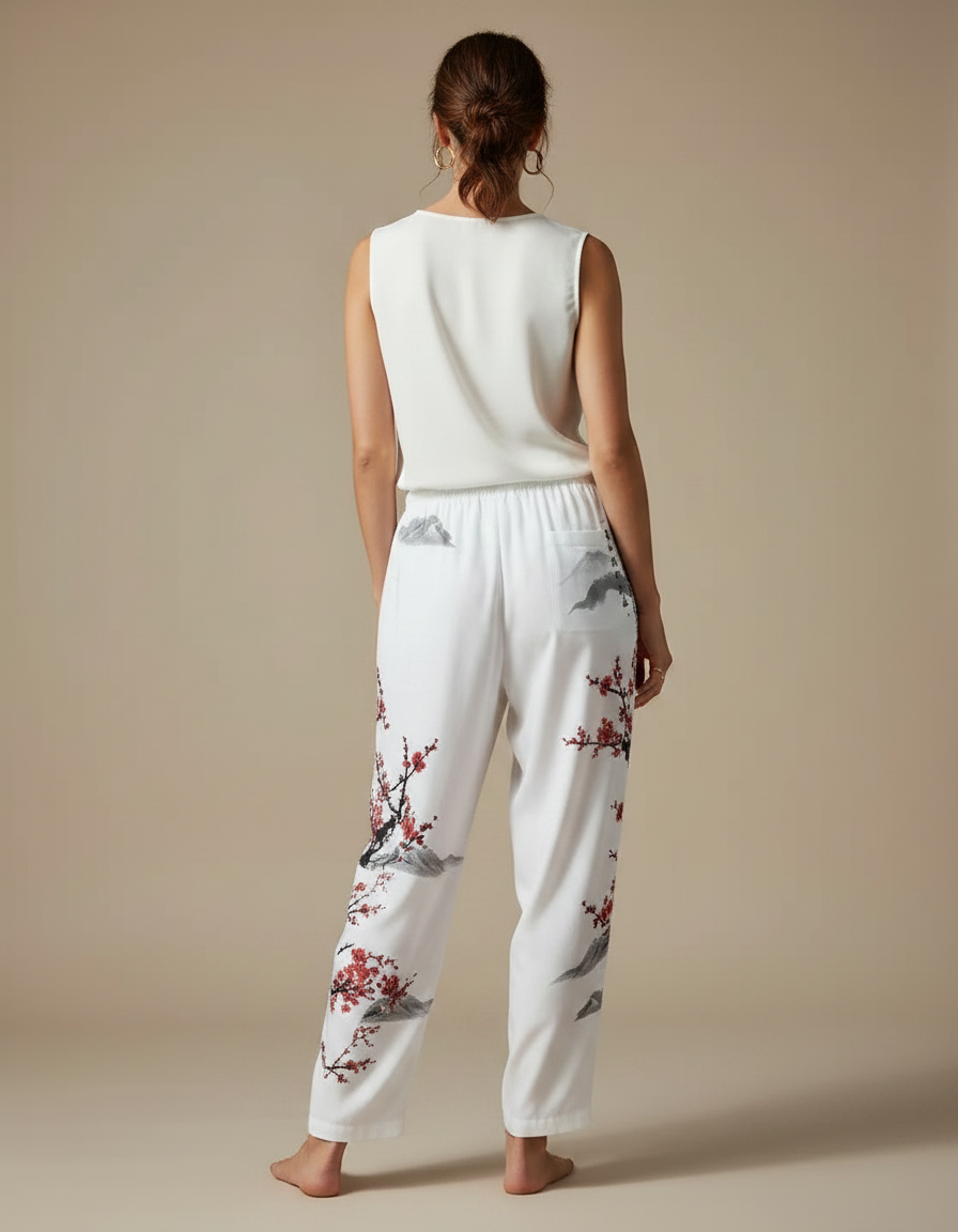 Pantalon Japonais Blanc Fluide Imprimé Cerisier Rouge - Viscose - vue 2