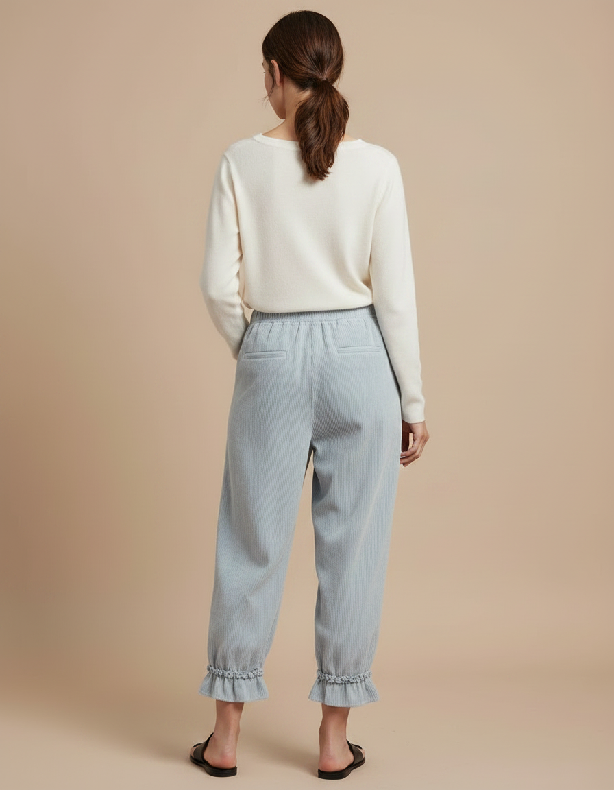 Pantalon Japonais Velours Côtelé Bleu Ample Volants - vue 2