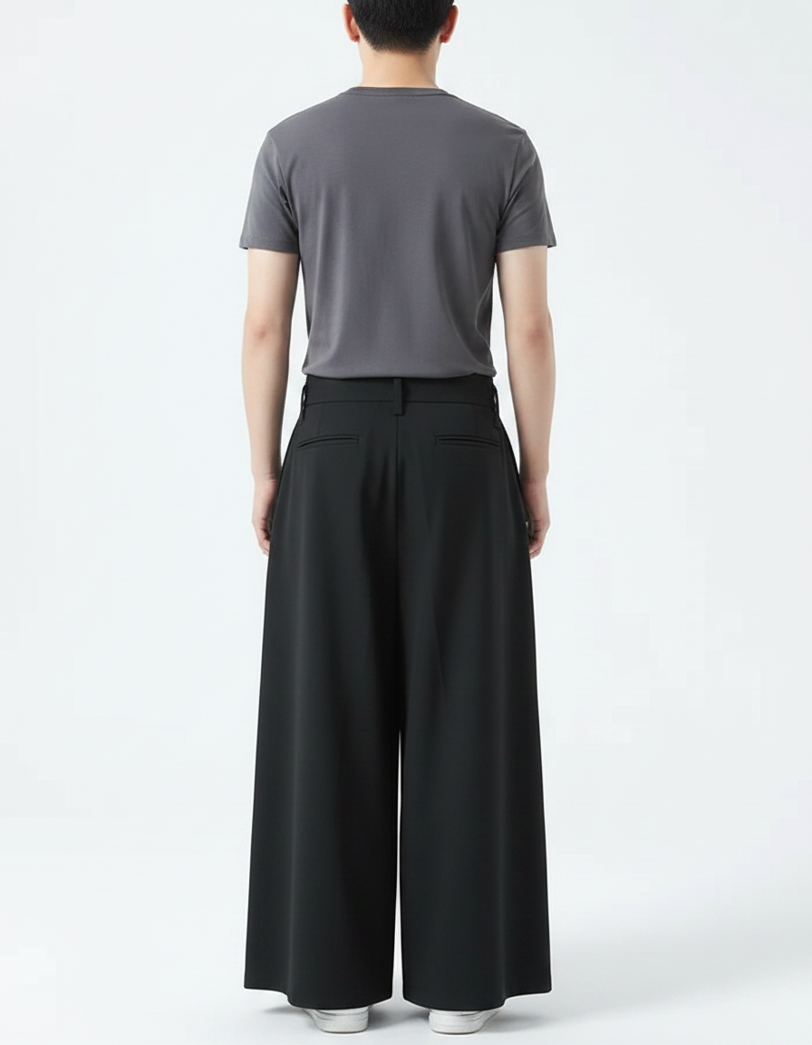 Pantalon Japonais Noir Ample Plissé Brodé Homme - Polyester - vue 2