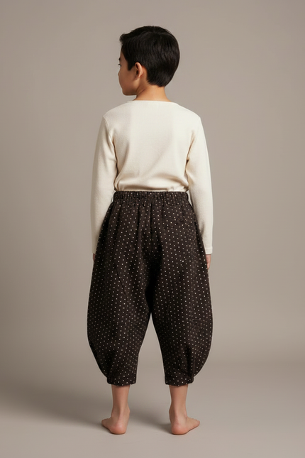 Pantalon Japonais Noir Points Blancs Ample Enfant - Marron Molleton - vue 2