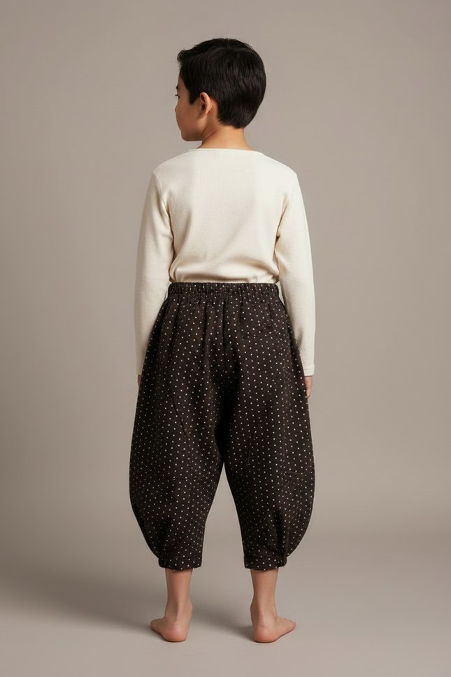 Pantalon Japonais Noir Points Blancs Ample Enfant - Marron Molleton - vue 2