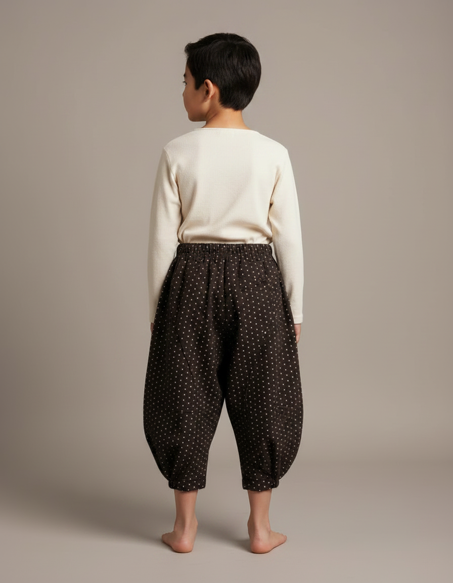 Pantalon Japonais Noir Points Blancs Ample Enfant - Marron Molleton - vue 2
