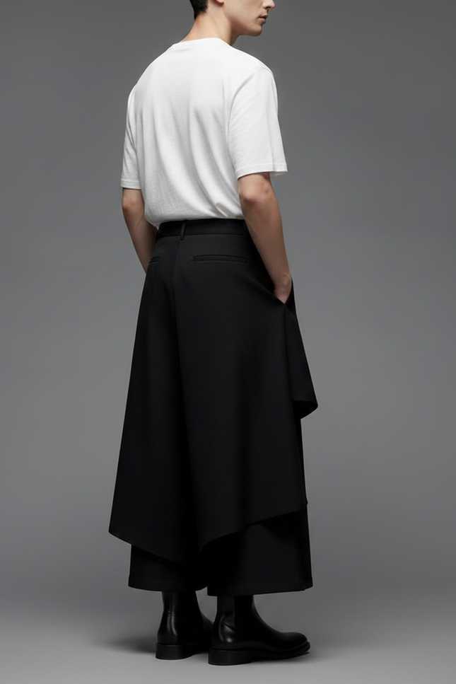 Pantalon Japonais Noir Asymétrique Ample Superposé Moderne - Polyester - vue 2