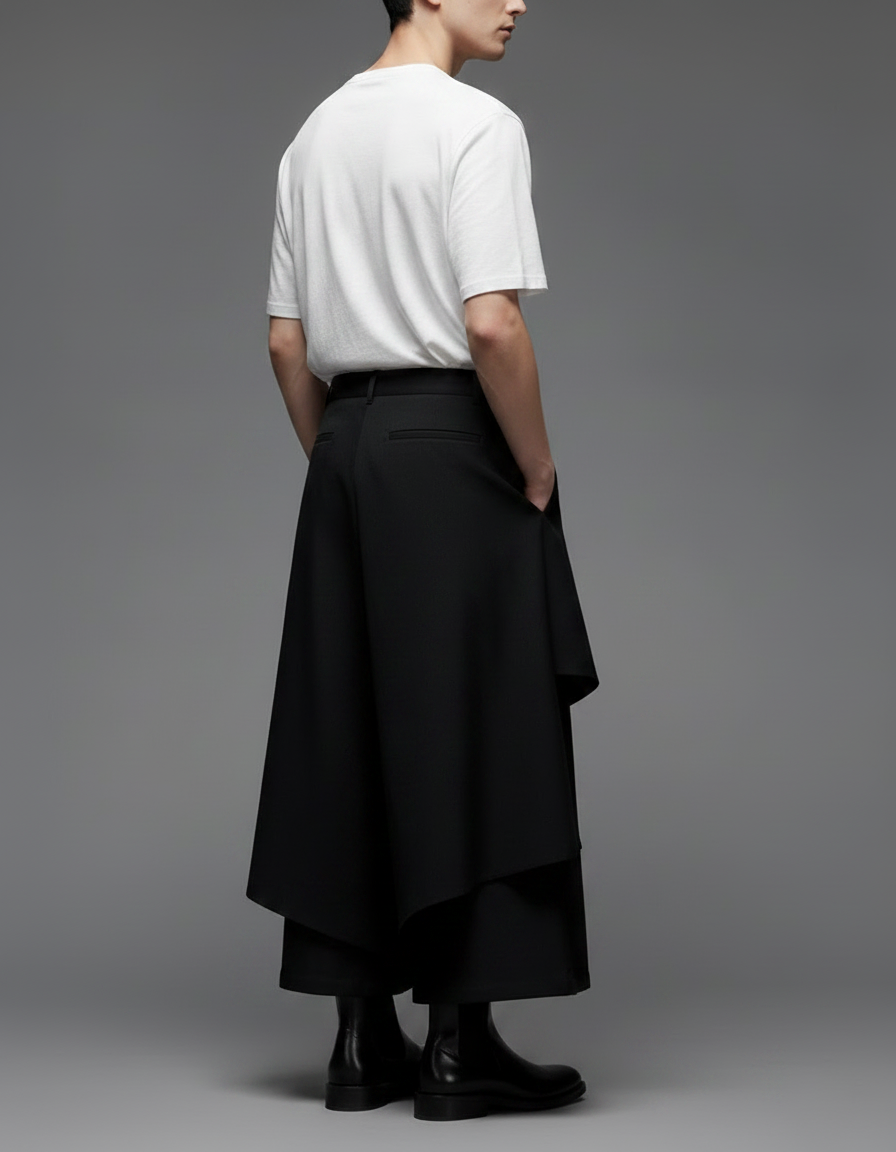 Pantalon Japonais Noir Asymétrique Ample Superposé Moderne - Polyester - vue 2