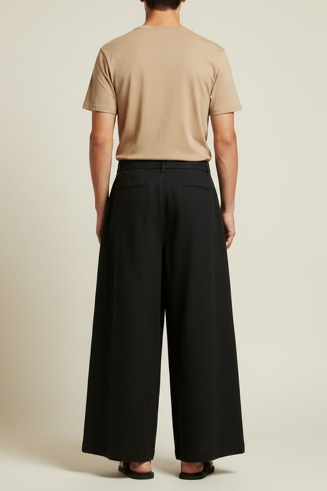 Pantalon Japonais Noir Ample Coton Plissé Décontracté - vue 2