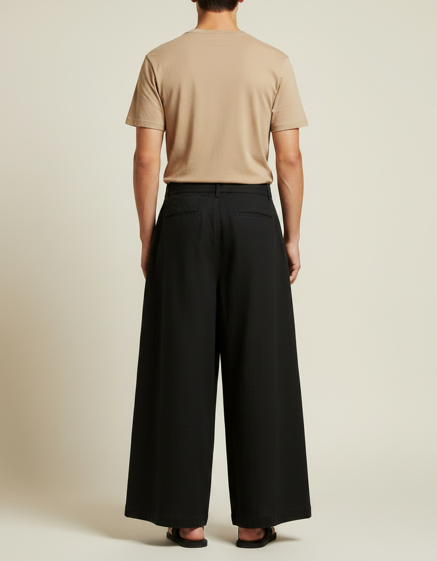 Pantalon Japonais Noir Ample Coton Plissé Décontracté - vue 2