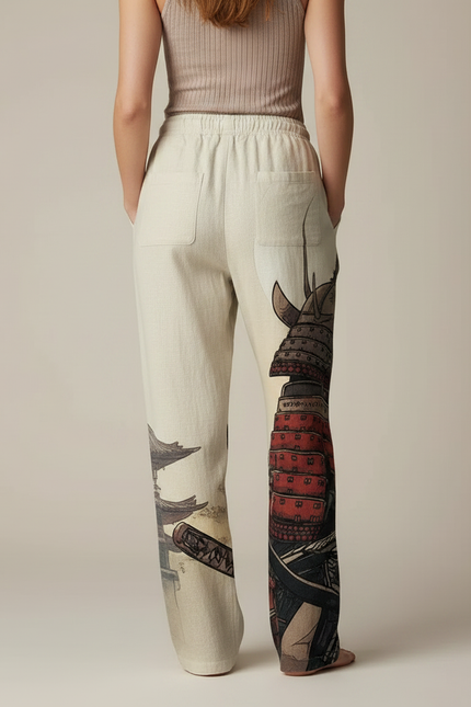 Pantalon Japonais Large Lin Imprimé Chat Samurai - vue 2