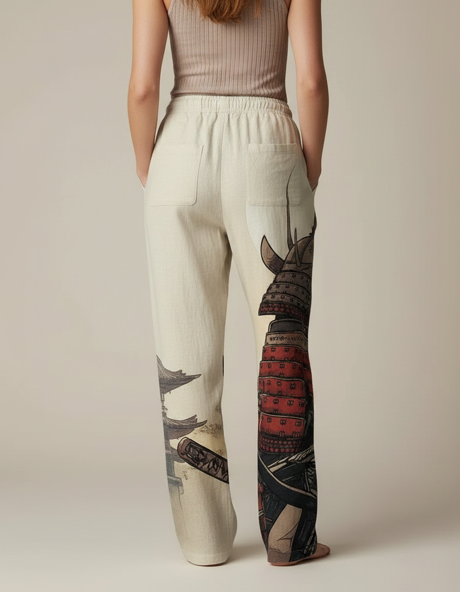 Pantalon Japonais Large Lin Imprimé Chat Samurai - vue 2
