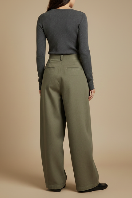 Pantalon Japonais Vert Kaki Ample Plissé Décontracté - Gabardine - vue 2