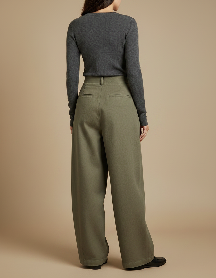 Pantalon Japonais Vert Kaki Ample Plissé Décontracté - Gabardine - vue 2