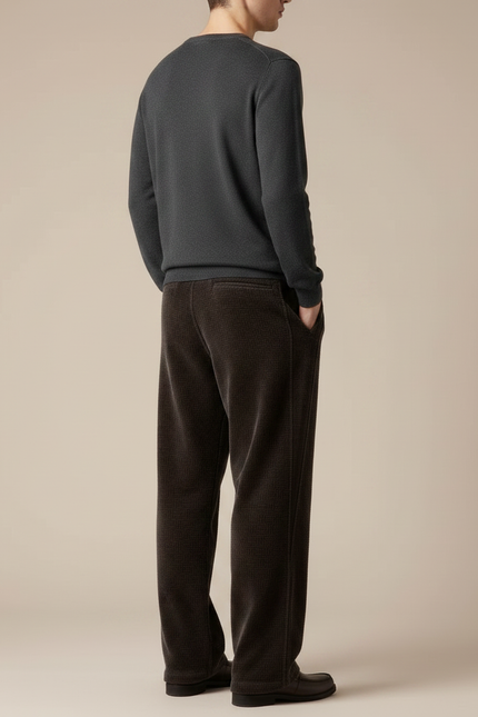 Pantalon Japonais Marron Côtelé Droit Motif Discret - Cordé - vue 2