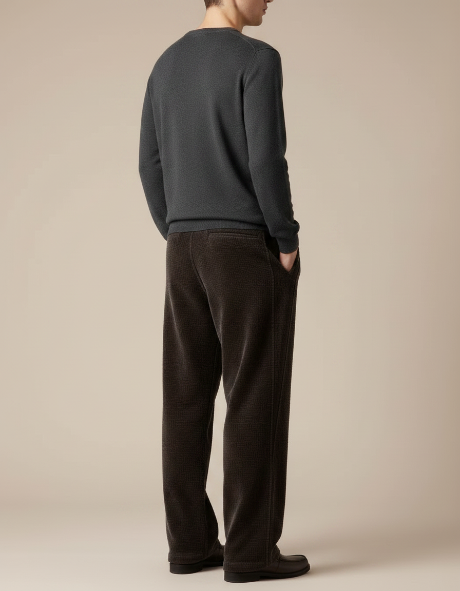 Pantalon Japonais Marron Côtelé Droit Motif Discret - Cordé - vue 2