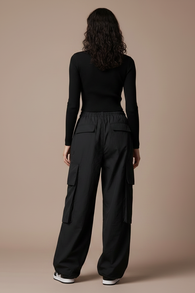 Pantalon Japonais Noir Cargo Ample Décontracté - Polyester - vue 2