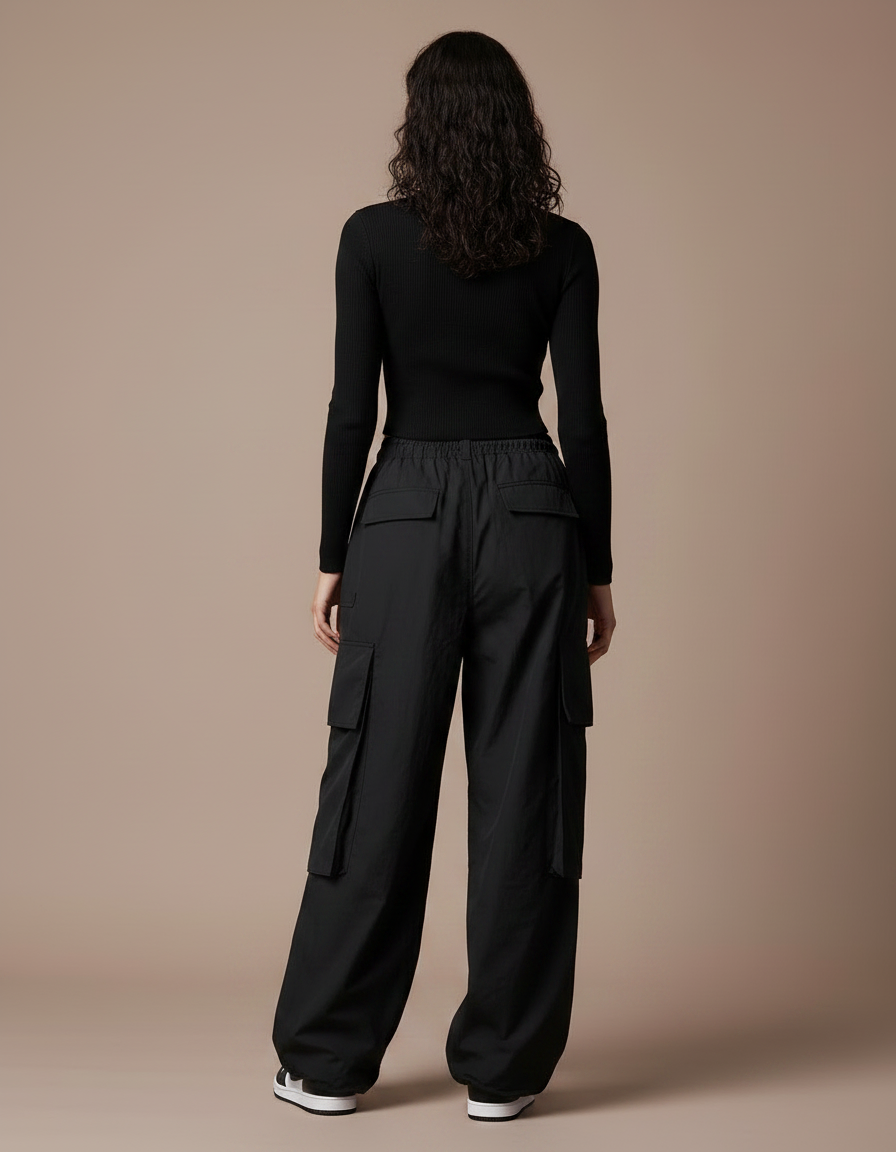 Pantalon Japonais Noir Cargo Ample Décontracté - Polyester - vue 2