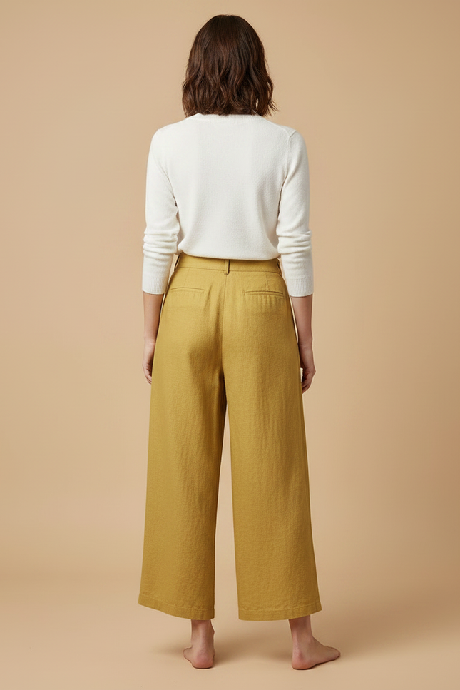 Pantalon Japonais Ample Lin Jaune Moutarde Femme Décontracté - vue 2