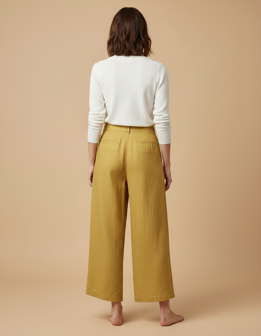 Pantalon Japonais Ample Lin Jaune Moutarde Femme Décontracté - vue 2