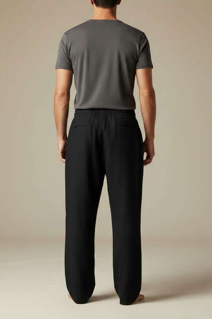 Pantalon Japonais Noir Lin Ample Cordon Fluide - vue 2