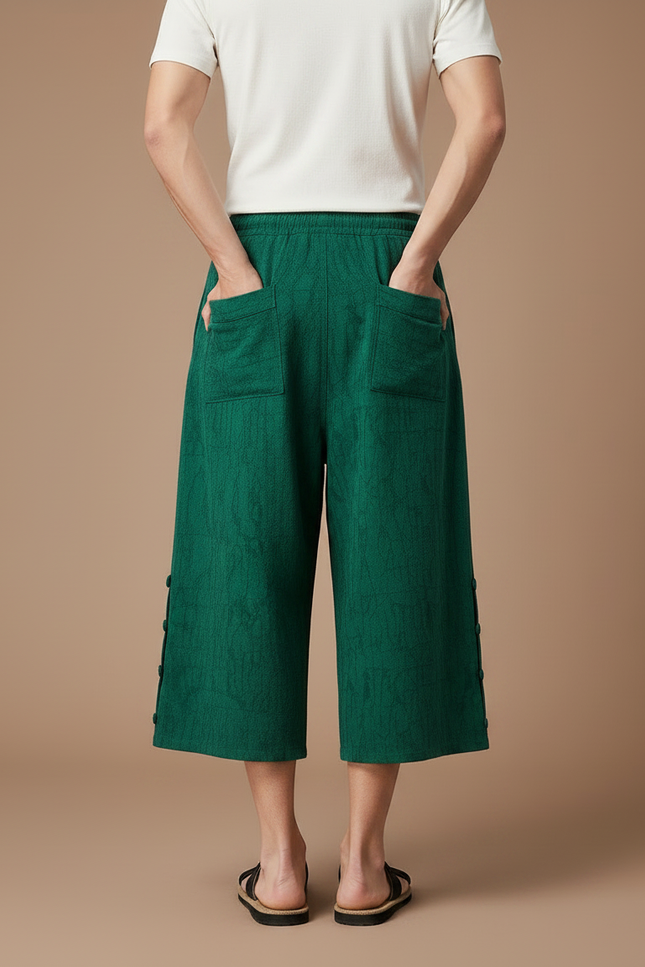 Pantalon Japonais Vert Lin Ample Décontracté Homme - vue 2