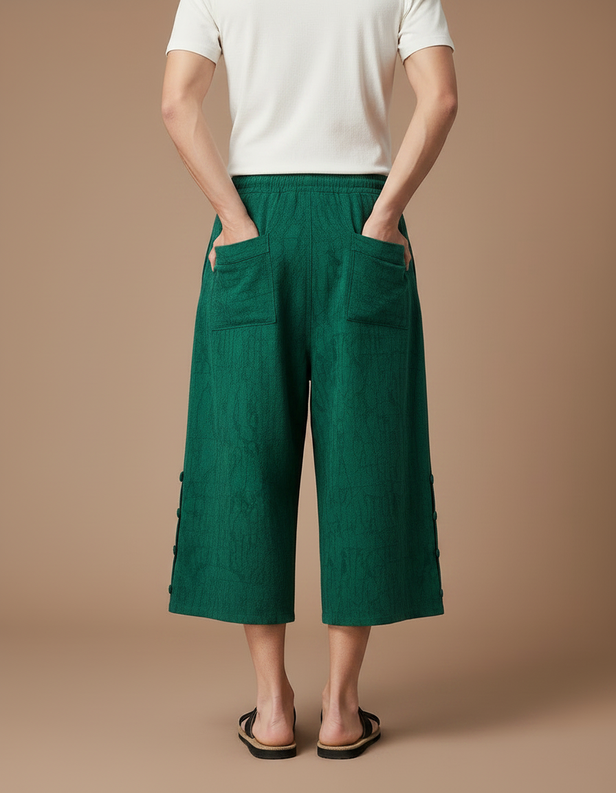 Pantalon Japonais Vert Lin Ample Décontracté Homme - vue 2
