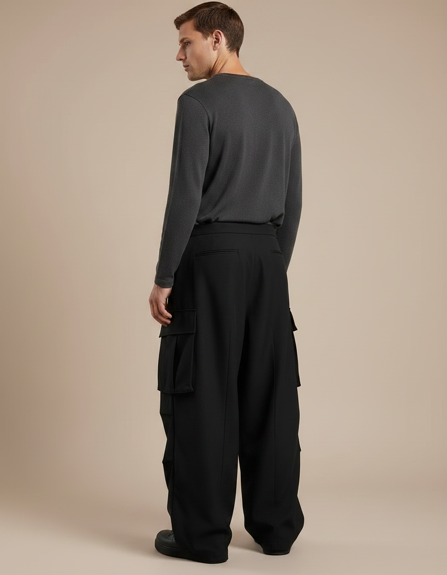 Pantalon Japonais Cargo Noir Ample Homme Décontracté - Gabardine - vue 2