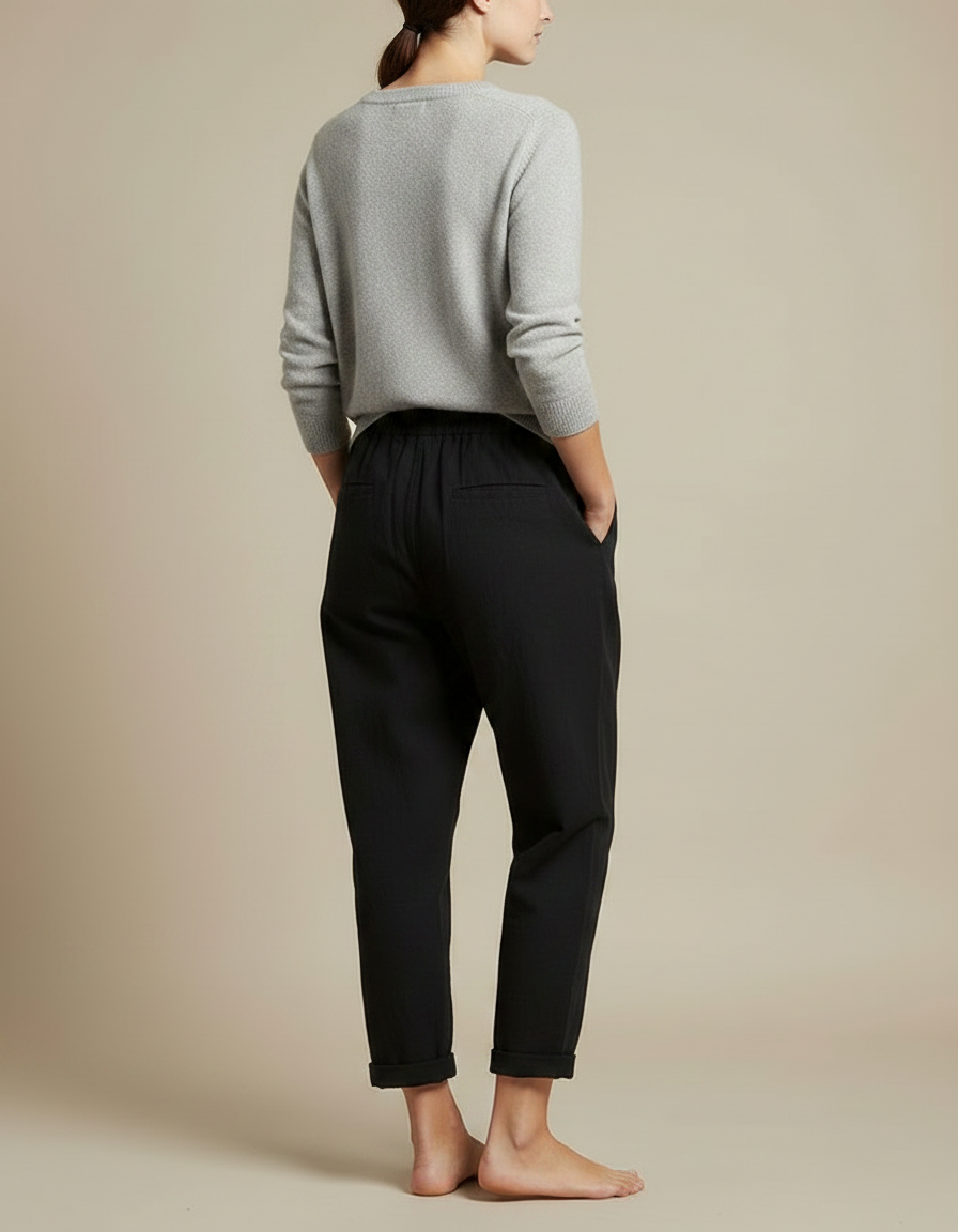 Pantalon Japonais Noir Coton Ample Décontracté Cheville - vue 2
