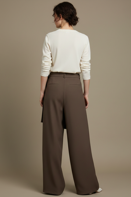 Pantalon Japonais Asymétrique Marron Fluide Élégant Large - Polyester - vue 2