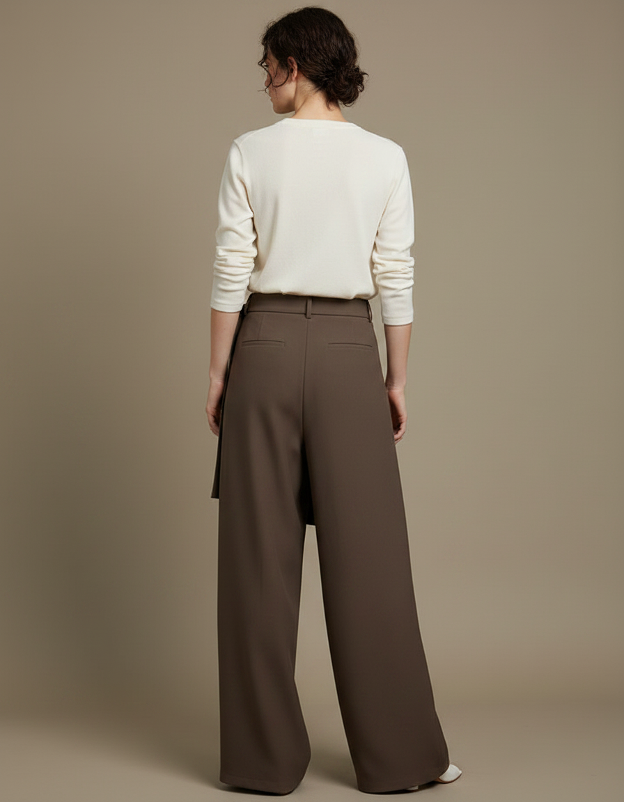Pantalon Japonais Asymétrique Marron Fluide Élégant Large - Polyester - vue 2