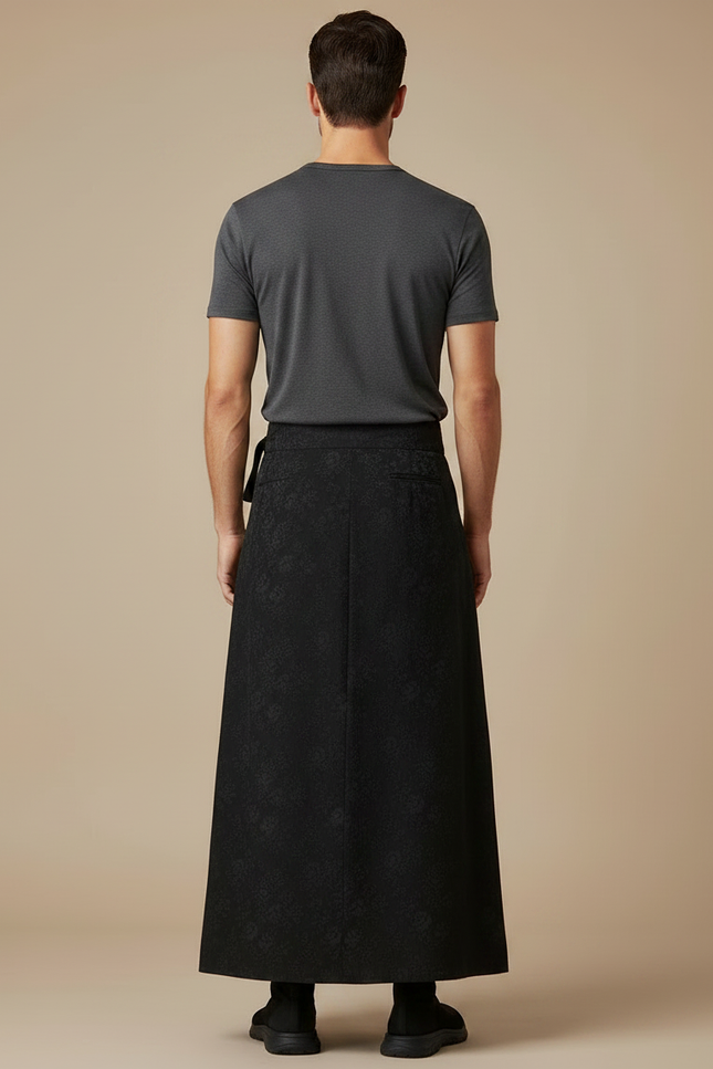 Pantalon Japonais Noir Long Ample Motif Floral Élégant - Polyester - vue 2