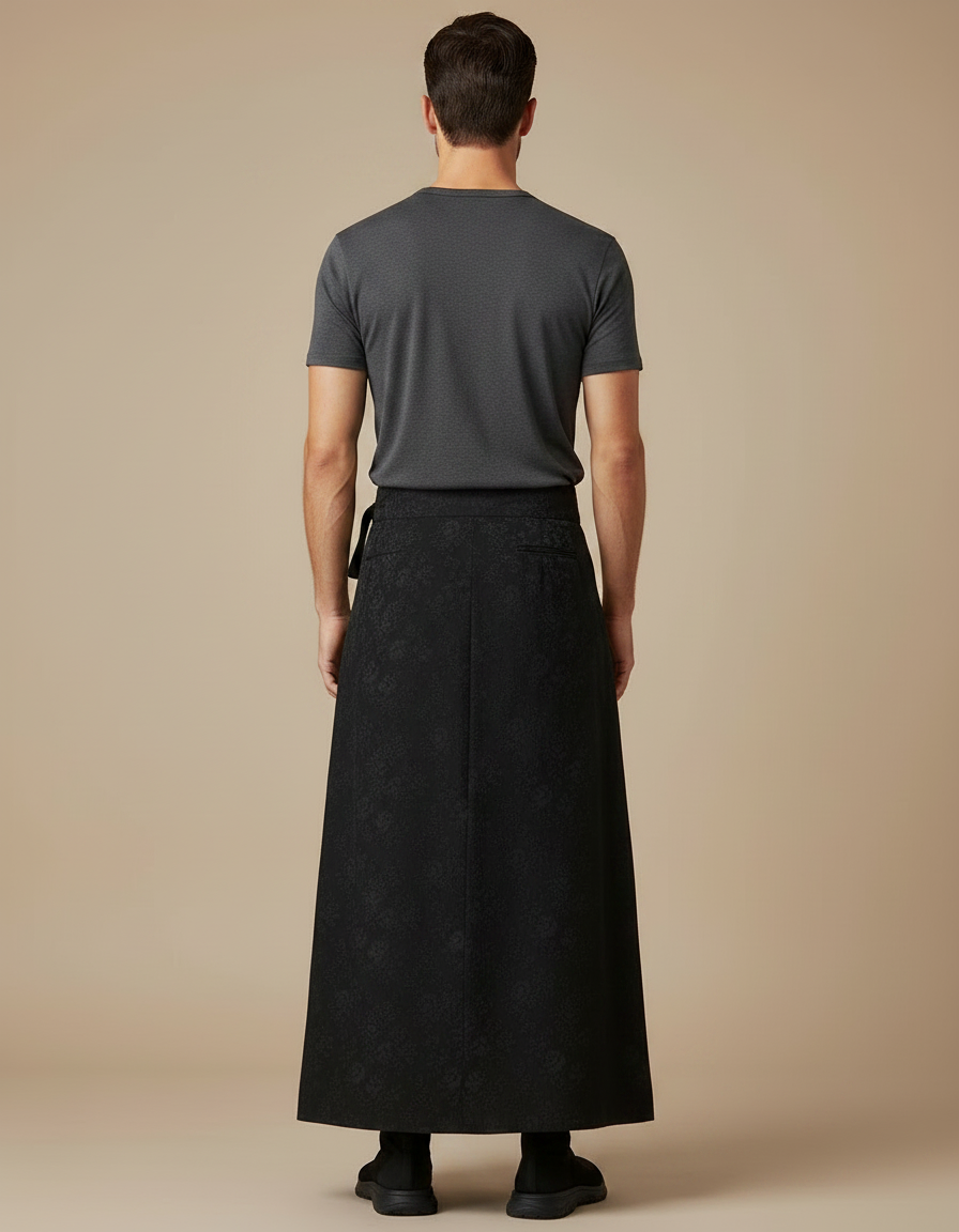 Pantalon Japonais Noir Long Ample Motif Floral Élégant - Polyester - vue 2