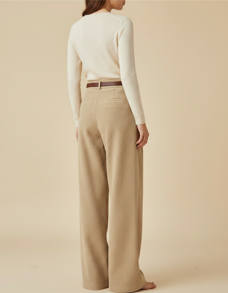 Pantalon Japonais Côtelé Beige Ample Plissé Décontracté - Cordé - vue 2
