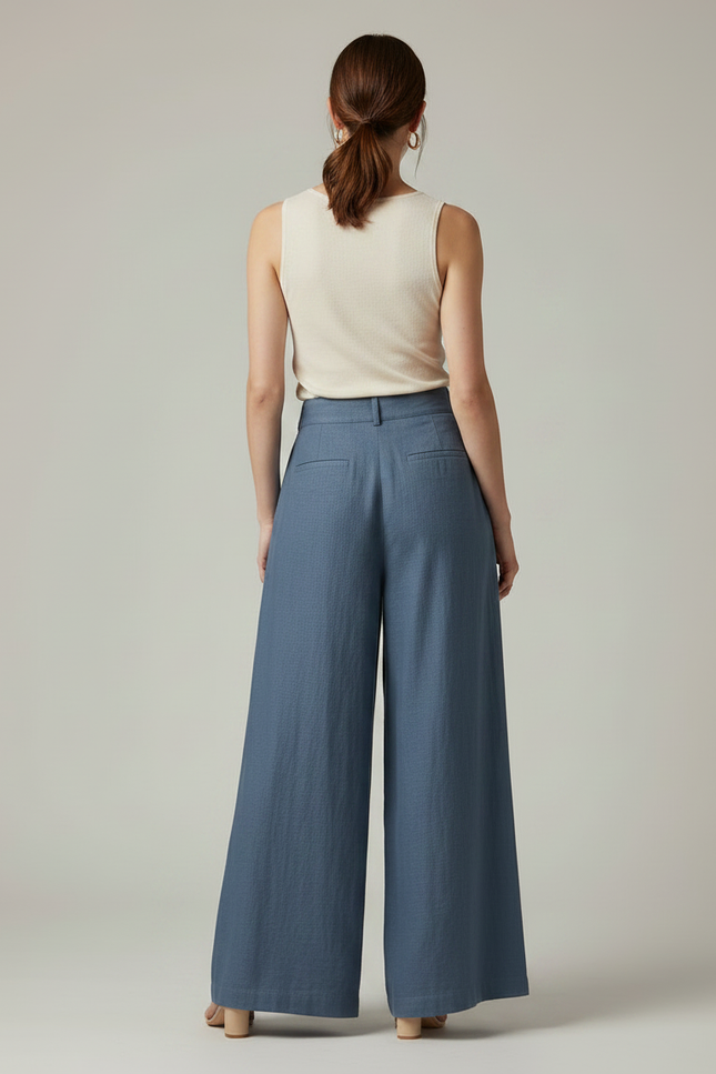 Pantalon Japonais Bleu Ample Lin Fluide Décontracté - vue 2