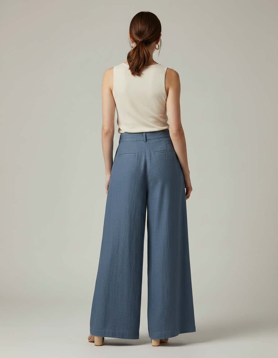 Pantalon Japonais Bleu Ample Lin Fluide Décontracté - vue 2