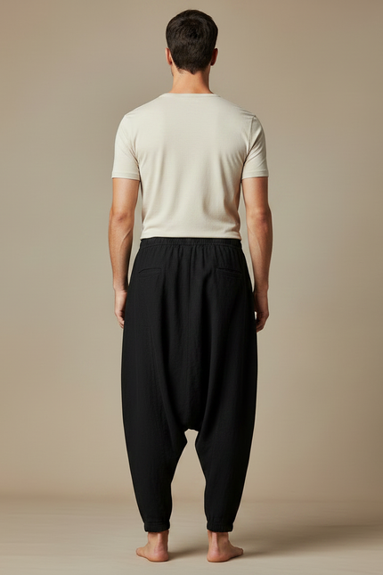 Pantalon Japonais Noir Lin Ample Sarouel Décontracté Homme - vue 2