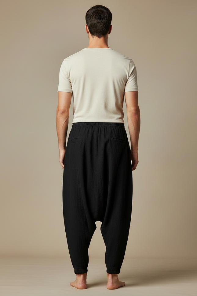 Pantalon Japonais Noir Lin Ample Sarouel Décontracté Homme - vue 2