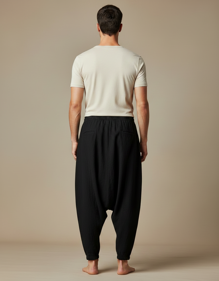 Pantalon Japonais Noir Lin Ample Sarouel Décontracté Homme - vue 2
