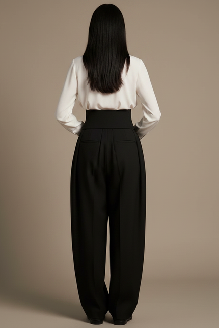 Pantalon Japonais Noir Ample Taille Haute Laçage Élégant - Polyester - vue 2