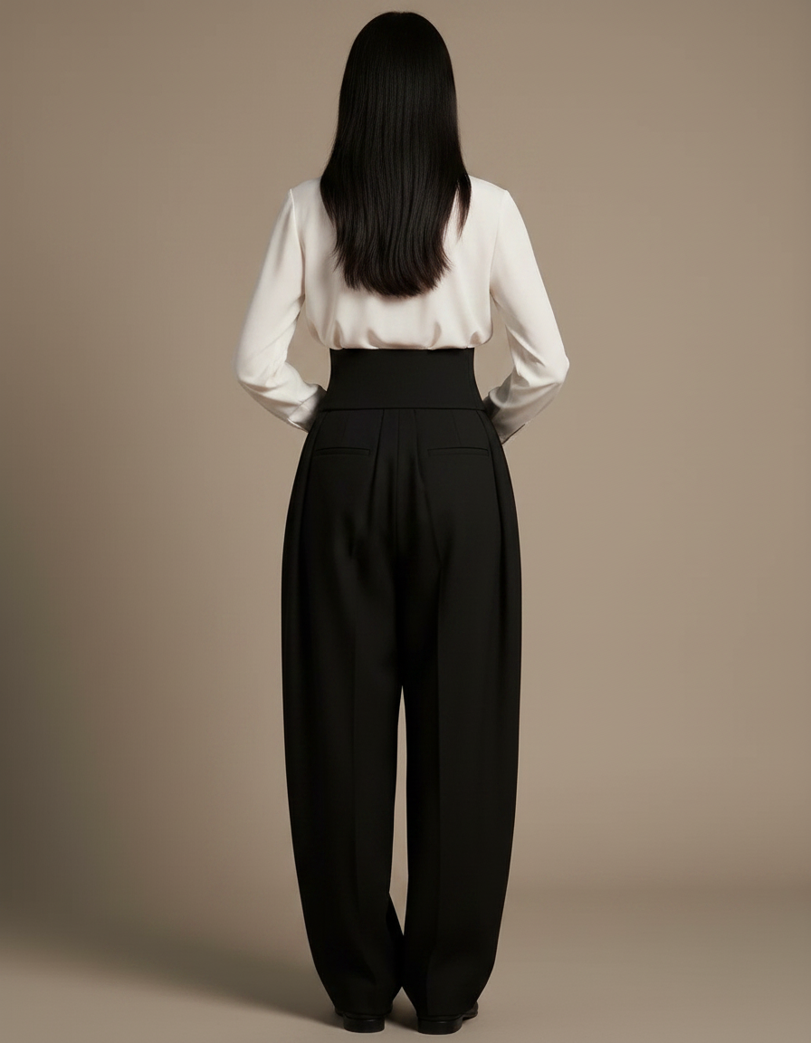 Pantalon Japonais Noir Ample Taille Haute Laçage Élégant - Polyester - vue 2