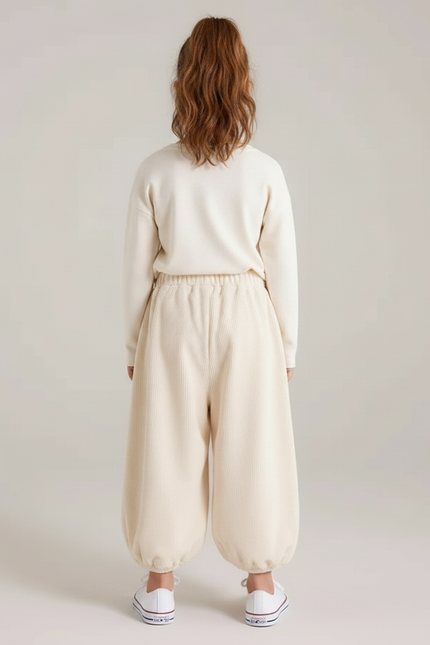 Pantalon Japonais Crème Côtelé Ample Décontracté Enfant - Beige Cordé - vue 2