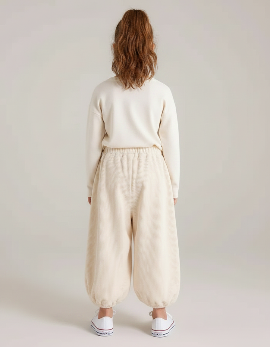 Pantalon Japonais Crème Côtelé Ample Décontracté Enfant - Beige Cordé - vue 2