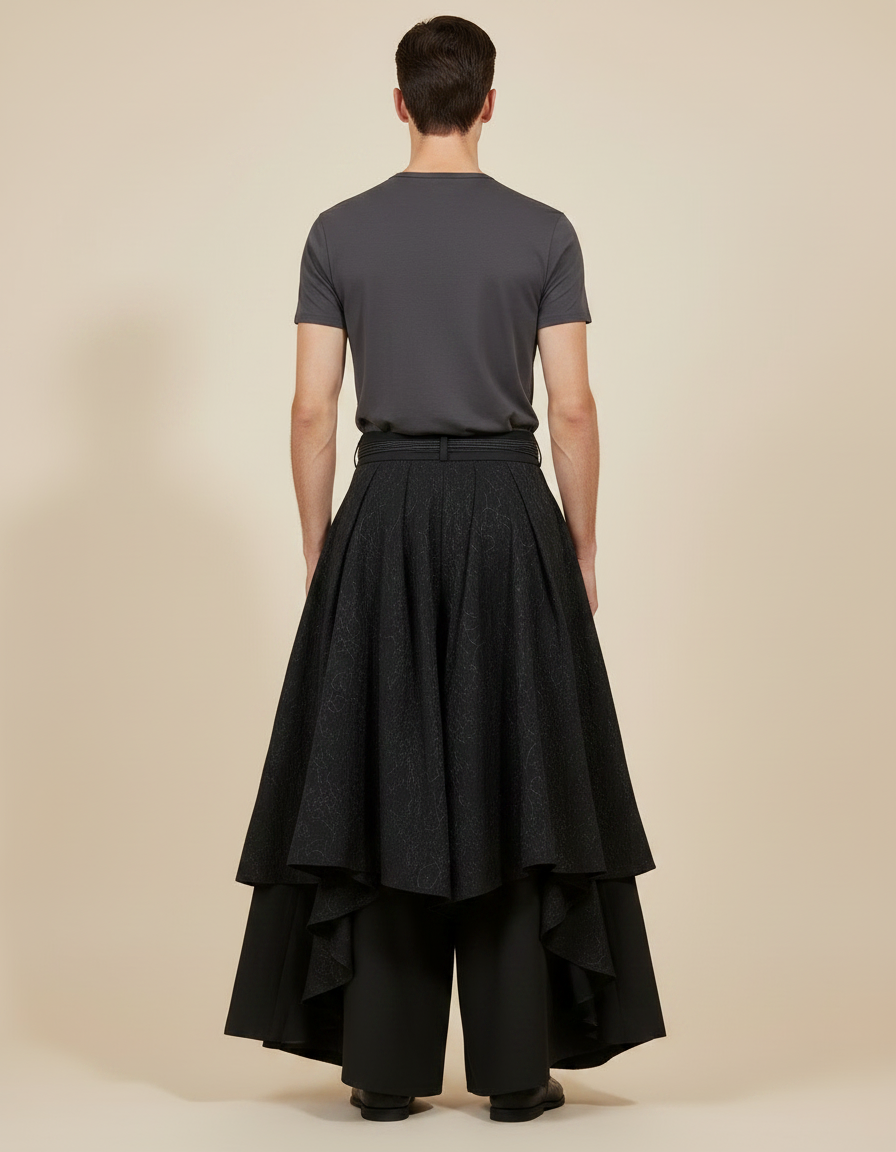 Pantalon Japonais Noir Ample Texturé Superposé Original - Polyester - vue 2