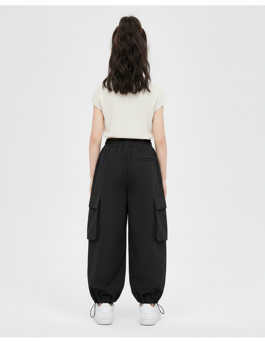 Pantalon Japonais Noir Cargo Ample Streetwear Enfant - Polyester - vue 2