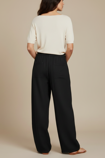 Pantalon Japonais Noir Fluide Ample Coton Taille Élastique - vue 2