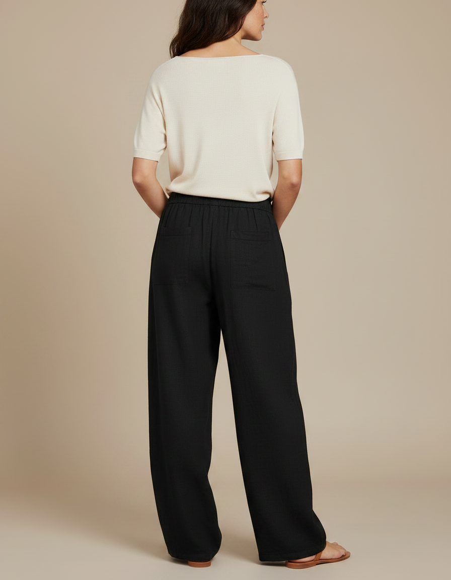 Pantalon Japonais Noir Fluide Ample Coton Taille Élastique - vue 2