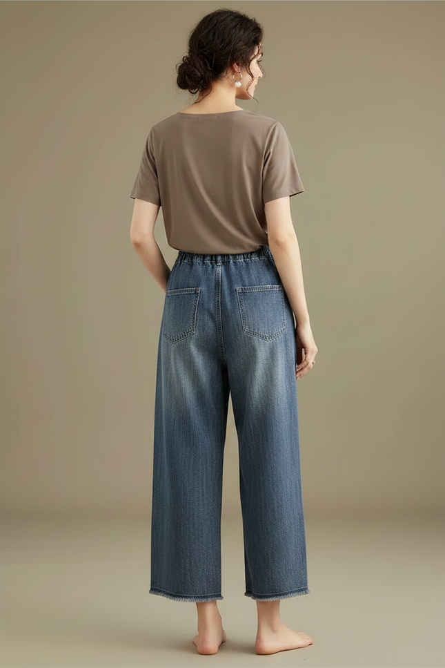 Pantalon Japonais Denim Ample Brodé Patchwork Femme - Bleu Jean - vue 2