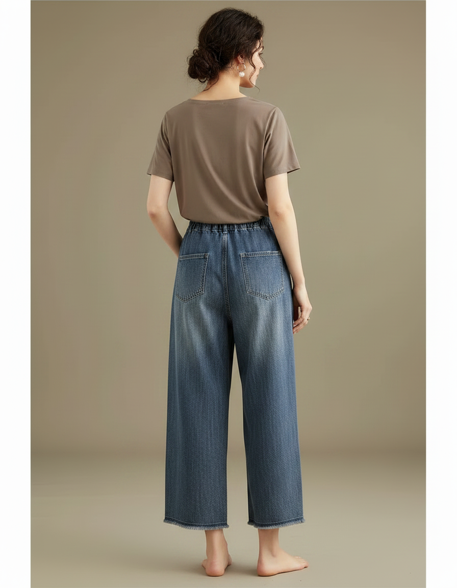 Pantalon Japonais Denim Ample Brodé Patchwork Femme - Bleu Jean - vue 2