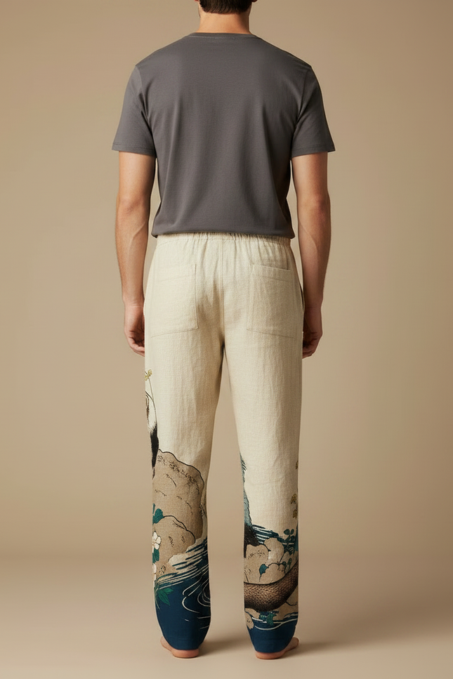 Pantalon Japonais Lin Ample Imprimé Loutre Décontracté Homme - vue 2