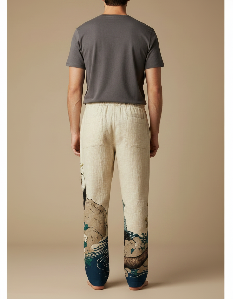 Pantalon Japonais Lin Ample Imprimé Loutre Décontracté Homme - vue 2