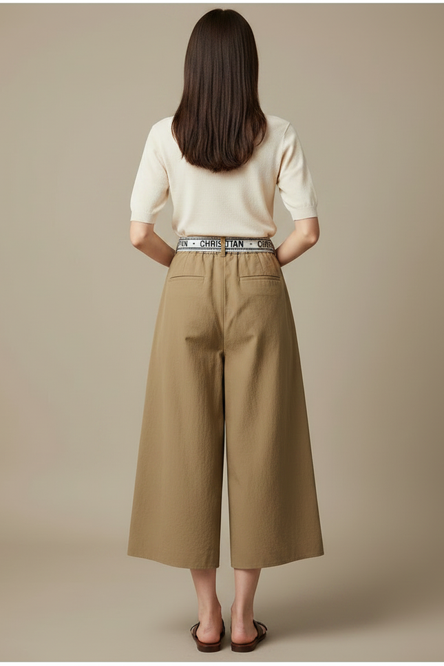 Pantalon Japonais Marron Ample Court Décontracté Ceinture - Kaki Toile - vue 2