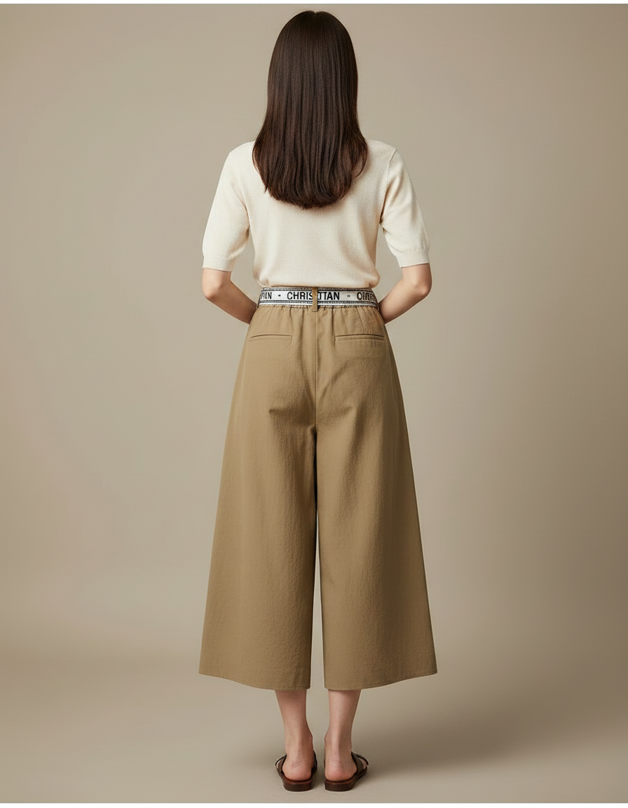 Pantalon Japonais Marron Ample Court Décontracté Ceinture - Kaki Toile - vue 2
